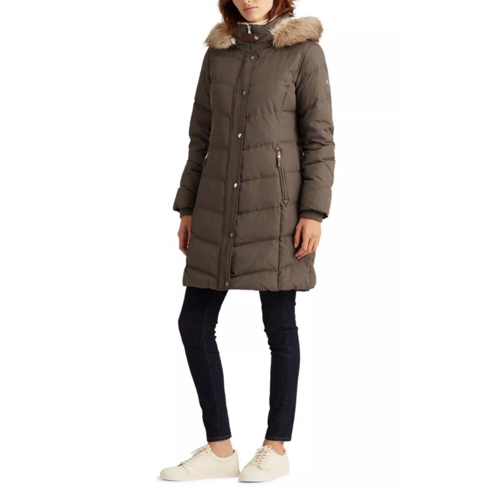 Lauren Ralph Lauren Taupe Puffer Coat with Faux Fur Hood
